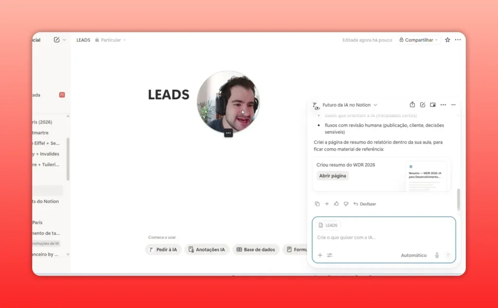 P&aacute;gina do Notion &ldquo;LEADS&rdquo; com chat/a&ccedil;&atilde;o do Notion AI aberta para executar o fluxo de leads