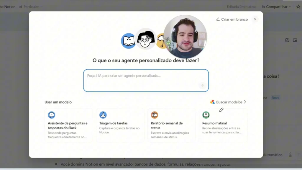 Tela do Notion AI com modelos para criar um agente personalizado