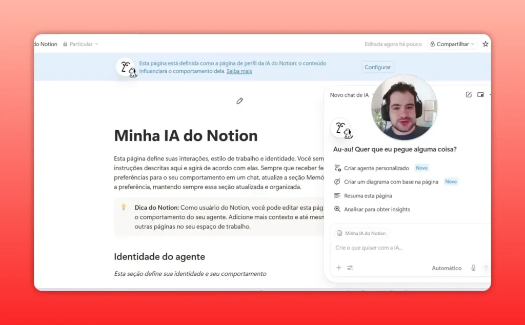 Tela do Notion com a p&aacute;gina &ldquo;Minha IA do Notion&rdquo; e o chat de IA ao lado
