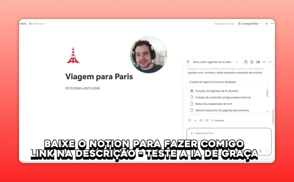 Notion AI ao lado da p&aacute;gina &ldquo;Viagem para Paris&rdquo;, mostrando op&ccedil;&otilde;es do agente