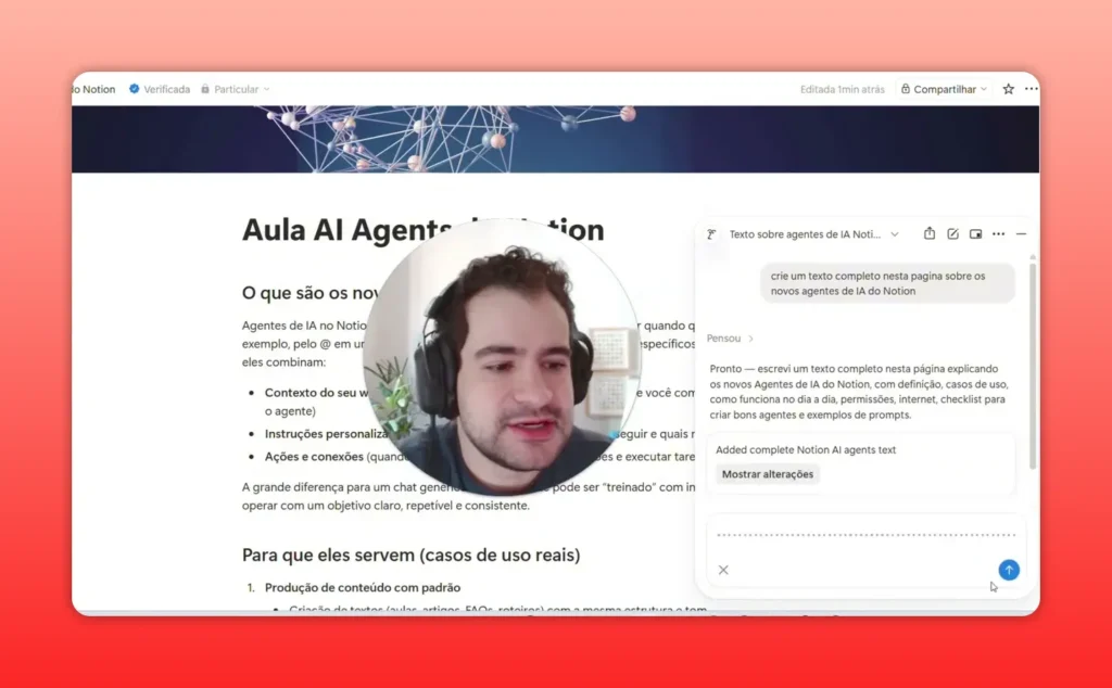 Notion AI com instru&ccedil;&atilde;o sendo enviada na conversa para preencher conte&uacute;do na p&aacute;gina selecionada