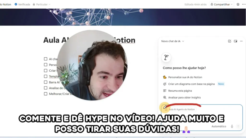Notion AI com op&ccedil;&otilde;es de ajuda no chat, incluindo Personalize sua IA do Notion
