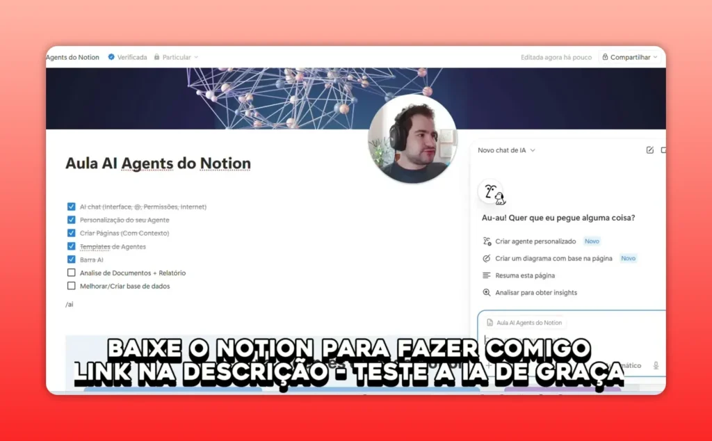 Chat do Notion AI com sugest&otilde;es para criar agente e resumir p&aacute;gina no fluxo de agentes