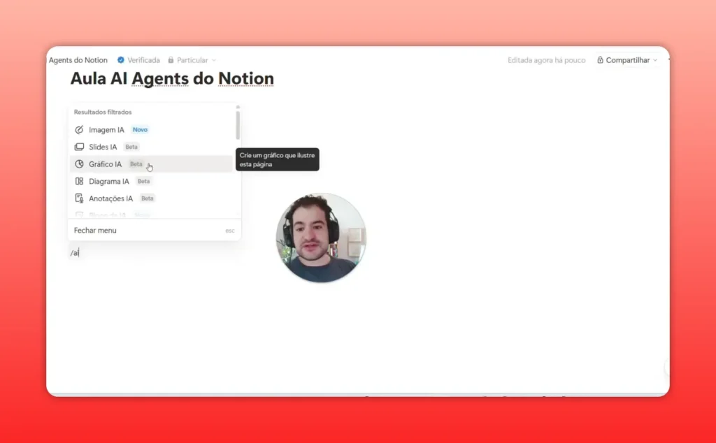 Op&ccedil;&otilde;es do Notion AI ap&oacute;s comando /ia com filtros para imagem, slides, gr&aacute;fico e diagrama
