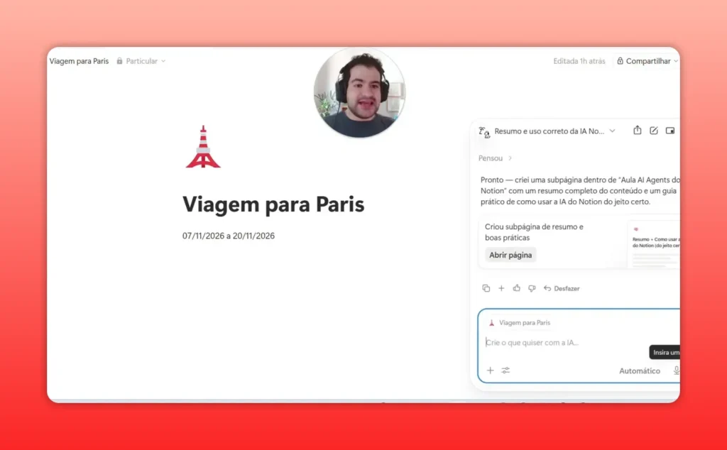 Notion &ldquo;Viagem para Paris&rdquo; com painel do Notion AI criando subp&aacute;gina e instru&ccedil;&otilde;es