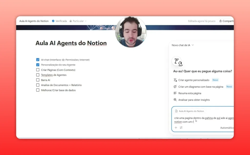 Janela do Notion AI com chat e campo de comando para cria&ccedil;&atilde;o de p&aacute;gina com contexto
