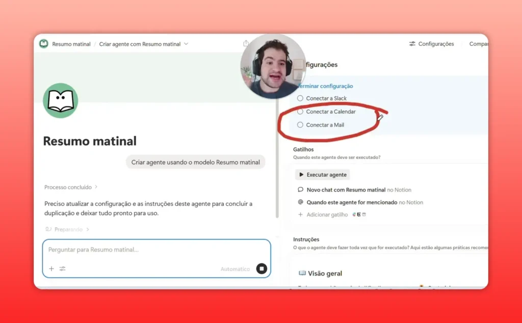 Configura&ccedil;&otilde;es do agente Resumo matinal no Notion AI com destaque para conectar Calendar